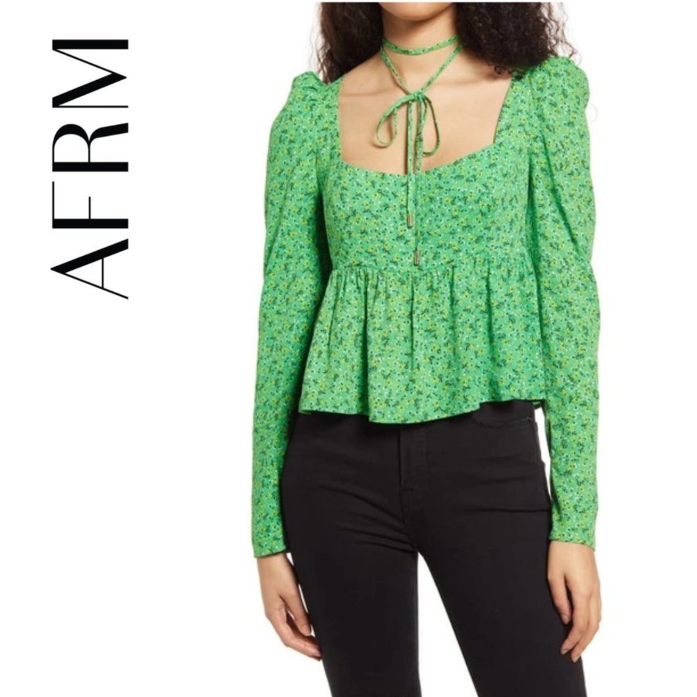 NEW AFRM Hough Tie Neck Peplum Top In Vert Ditsy Medium